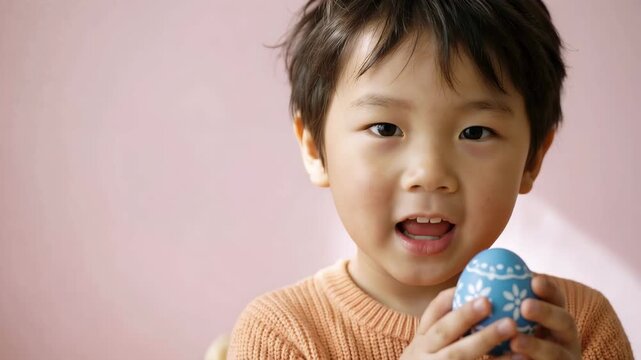Asian boy holding a decorated blue Easter egg. Young child smiling and talking against a pink background. Easter holiday celebration and childhood joy concept