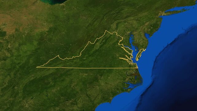 Virginia high resolution 4k satellite earth map zoom cinematic animation 3d drop shadow highlighting American state borders for US travel tourism geography and geopolitical national news broadcast