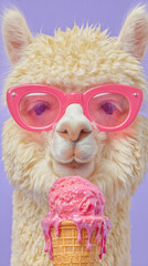 Fototapeta premium Whimsical animal fluffy alpaca in sunglasses holding melting pink ice cream
