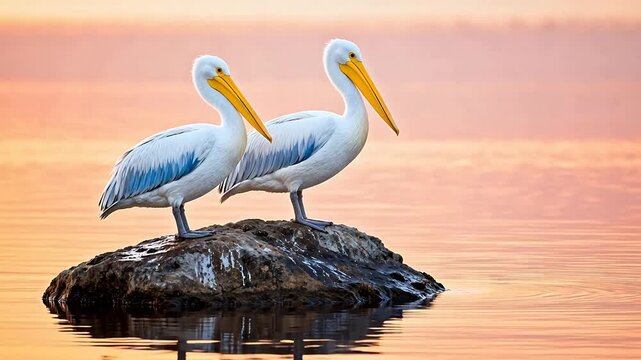 Two pelicans on a rock at sunset