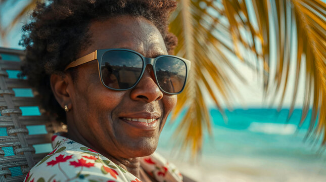 AI-generated image of a female African-Canadian snowbird senior on a tropical beach