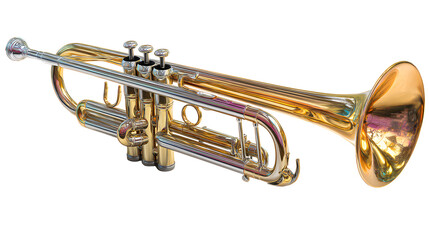 Obraz premium Ultra realistic HD trumpet brass instrument shiny finish, isolated on white background