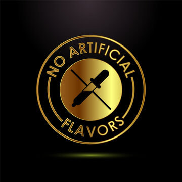 No artificial flavors golden circular badge with dropper icon