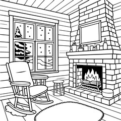 Fototapeta premium Cozy living room with rocking chair and fireplace in winter scene snow