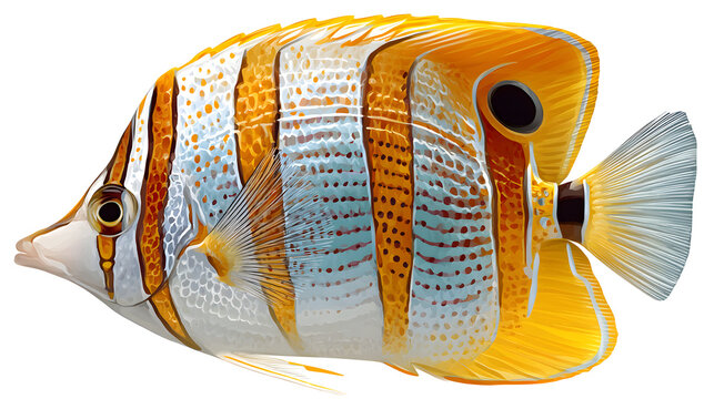 Ultra realistic HD threadfin butterflyfish tropical fins striped pattern, isolated on white background