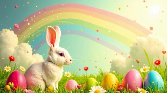 A white rabbit sits on the grass, twitching its ears among colorful Easter eggs and flowers under a rainbow sky. A spring holiday scene, a cute animal, a festive outdoor mood, Happy Easter.