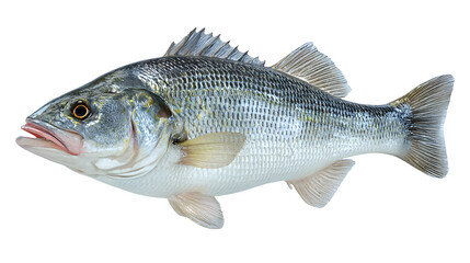 Ultra realistic HD sea bass fish silver scales realistic fins, isolated on white background