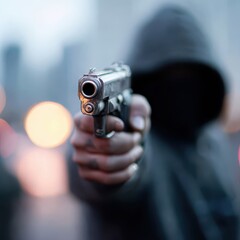 Close view of a firearm held in the night haze