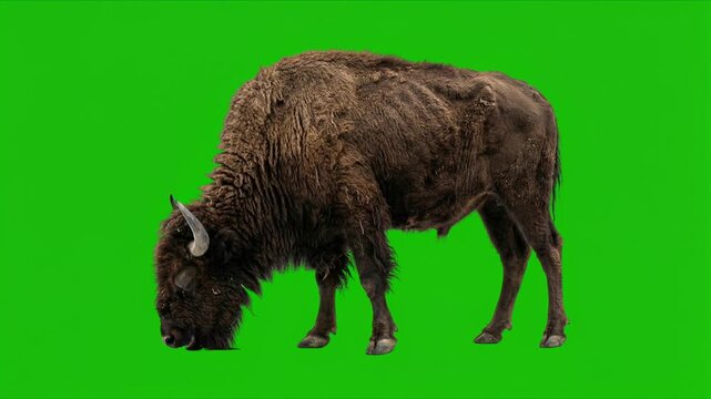 buffalo eating isolated on green solid color background.