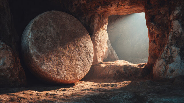 Ancient rock-cut tomb interior with large round stone rolled aside and warm sunrise light in first-century Judean Easter resurrection setting
