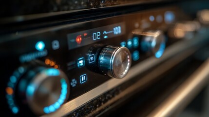 Oven controls, seen up close, show a screen and buttons.