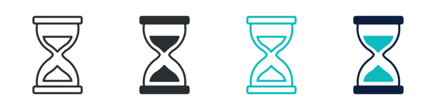 Hourglass timer icon set, sand clock countdown time deadline symbol, outline and solid and color style. Vector illustration.