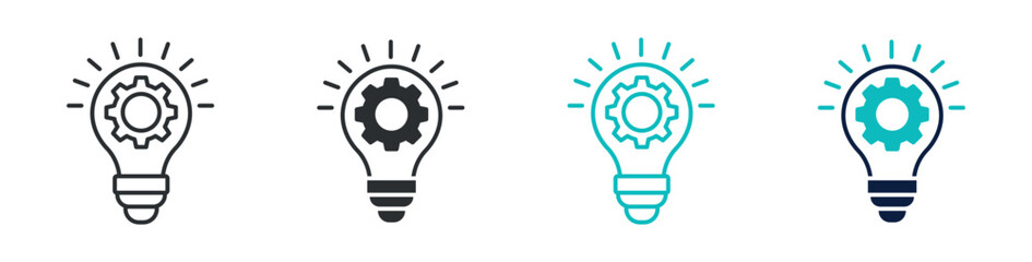 Idea gear light bulb icon set, innovation technology solution concept symbol, outline and solid and color style. Vector illustration.
