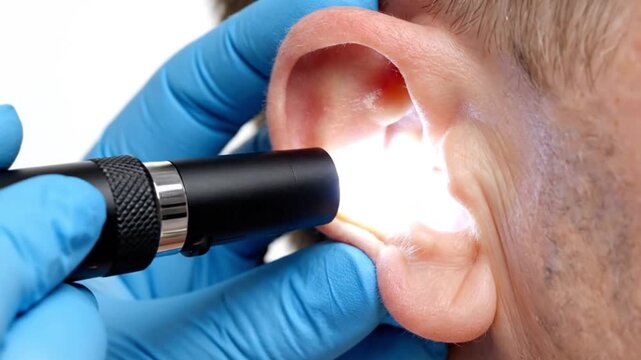 A doctor examines a patients ear with an otoscope in a clinical setting with blue gloves