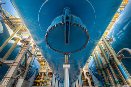 Massive blue storage tanks facilitate the filtration process at this industrial reverse osmosis desalination plant.