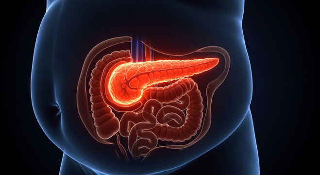 Detailed 3D medical illustration: human pancreas & intestines in abdominal cavity, vibrant glow, dark background.