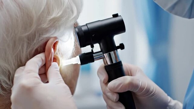 A medical professional examines an elderly persons ear with an otoscope in a clinical setting with white and blue background