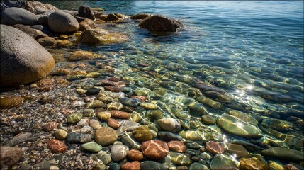 Obraz premium Summer sun warmed the pebbles on the shore beside the clear water.