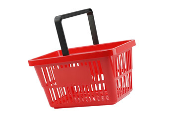 Fototapeta premium A red plastic shopping basket with a black handle isolated on transparent background