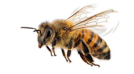 Detailed macro shot of a honey bee in flight, its fuzzy body and transparent wings clearly visible, isolated on a clean background © Sofix