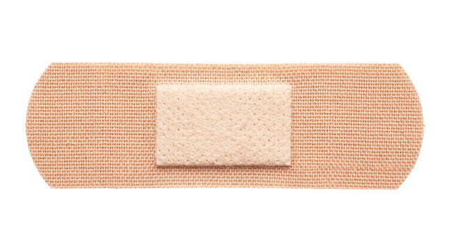 Beige fabric adhesive bandage with a soft white pad, medical plaster for wound care isolated on transparent background, first aid supply PNG