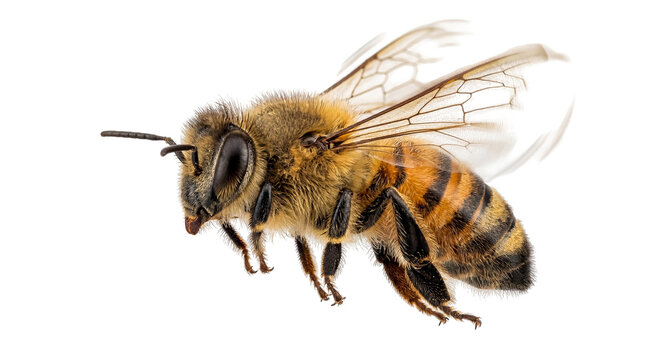 Detailed macro shot of a honey bee in flight, its fuzzy body and transparent wings clearly visible, isolated on a clean background