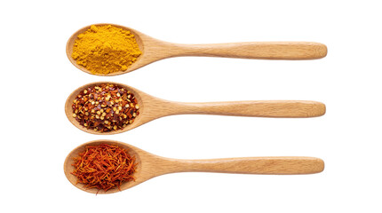 Three wooden spoons filled with vibrant turmeric powder, fiery red chili flakes, and delicate...