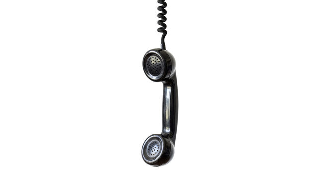 Vintage black telephone receiver with coiled cord, hanging in mid-air, isolated on transparent background, classic communication device PNG