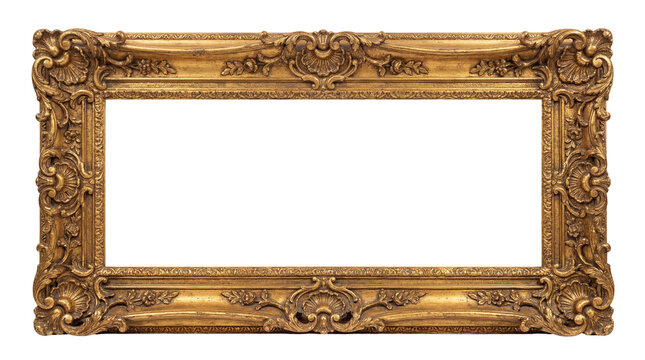 Ornate antique gold picture frame, richly decorated with intricate carvings, isolated on a transparent background, perfect for displaying art or photos