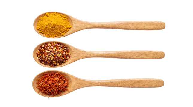 Three wooden spoons filled with vibrant turmeric powder, fiery red chili flakes, and delicate saffron threads, isolated on transparent background PNG