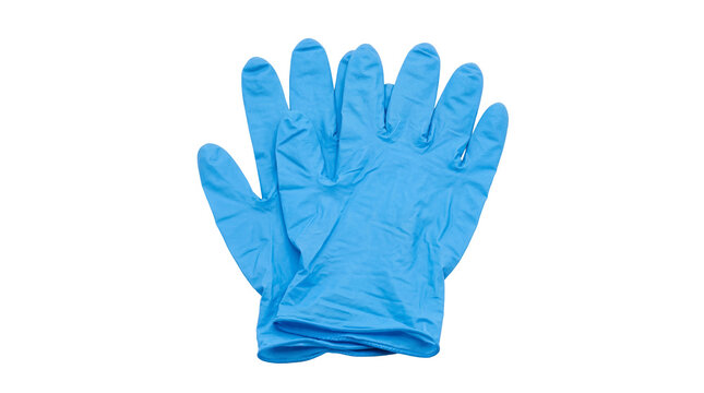 Pair of bright blue disposable medical examination gloves, hygienically isolated PNG for healthcare protection and safety