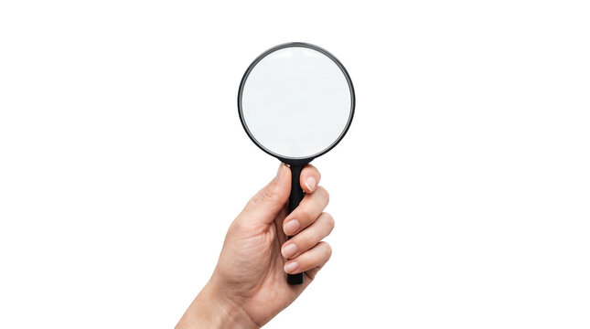 Human hand holding a magnifying glass, a symbol of search, investigation, and discovery, isolated PNG on transparent background for design