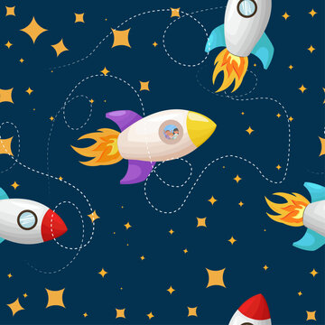 Seamless pattern with space rockets and stars on blue background. Vector seamless pattern featuring cute hand-drawn space rockets and golden stars. Perfect for nursery wallpaper, children's textile