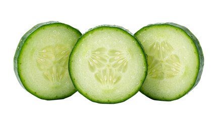 Three fresh green cucumber slices with refreshing water droplets, showing inner texture and seeds, isolated on a transparent background PNG