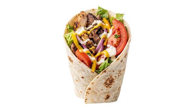 Delicious chicken and beef wrap, filled with fresh lettuce, ripe tomatoes, red onions, and bell peppers, drizzled with creamy sauces, isolated PNG