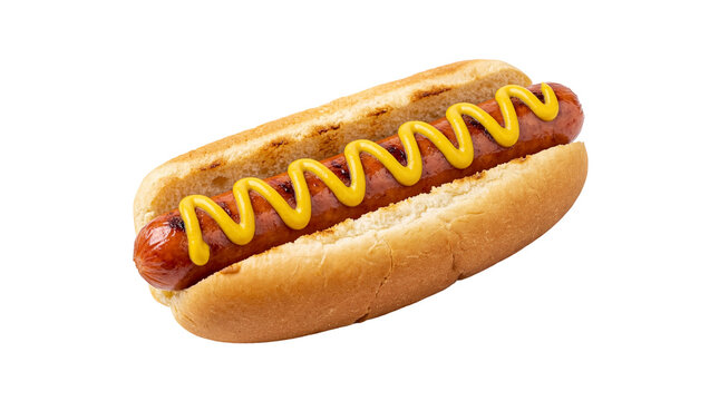 Juicy grilled hot dog with wavy yellow mustard in a golden toasted bun, isolated PNG on transparent background, perfect for fast food, BBQ, and summer events