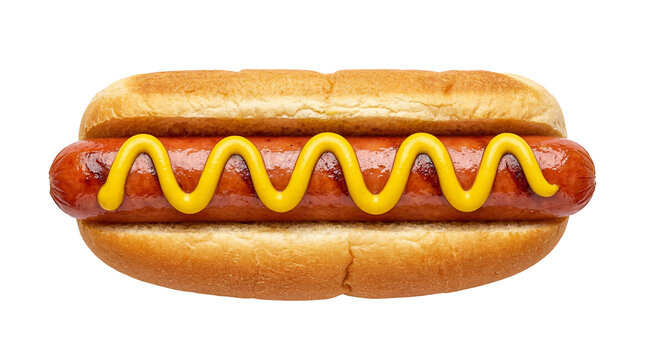 Savory grilled hot dog in a toasted golden bun, generously topped with bright yellow wavy mustard, perfectly isolated for culinary projects PNG