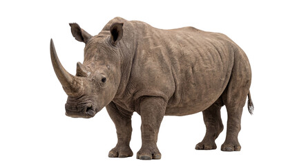 Obraz premium Powerful adult white rhinoceros standing, full body view of the massive African mammal with thick wrinkled skin and a prominent horn, isolated PNG