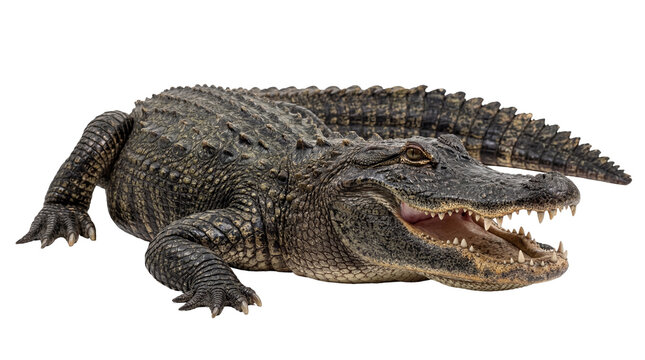 Powerful American alligator with open mouth and sharp teeth, a formidable reptile isolated on transparent background, wild animal PNG