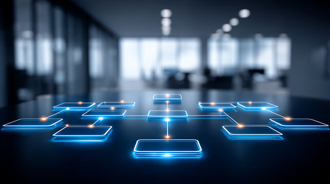 A connected flowchart diagram on a conference table, representing business process mapping, organizational structure, and workflow planning.
