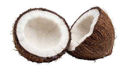 Fototapeta premium Fresh organic coconut cut in half, revealing white flesh and water, a tropical fruit isolated PNG on transparent background
