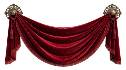 Rich red velvet draped swag with ornate antique brass holders and tassels, isolated PNG on...