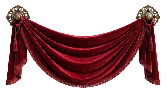 Rich red velvet draped swag with ornate antique brass holders and tassels, isolated PNG on transparent background, perfect for theatrical and event design