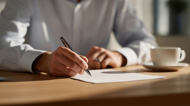 Solo entrepreneur's hands signing LLC formation documents at kitchen table scattered with business registration papers, coffee mug rings on contracts, harsh afternoon sunlight creating shadows,