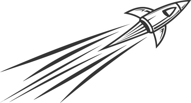 Black and white of a speeding rocket ship with motion lines spaceship dynamic