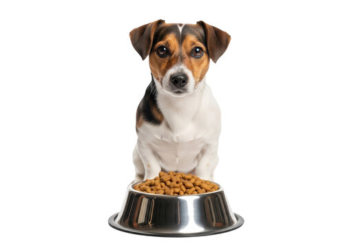 Cute dog sitting in a dog food bowl looking hungry and adorable isolated on transparent background