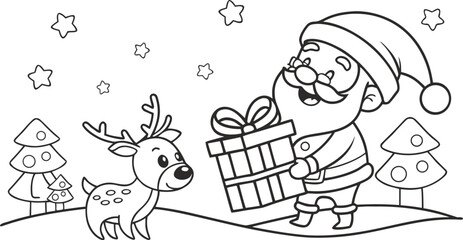 Santa claus holding gift with reindeer and trees christmas holiday © Stock Design