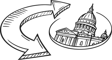 Hand drawn loop arrow doodle forming circular motion around government building © Stock Fire