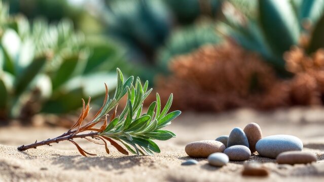 Soft light glows on desert stones and greenery