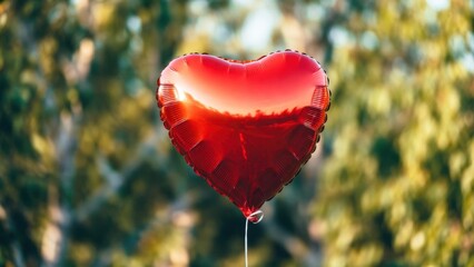Obraz premium Red heart balloon floats gently against blurred green trees